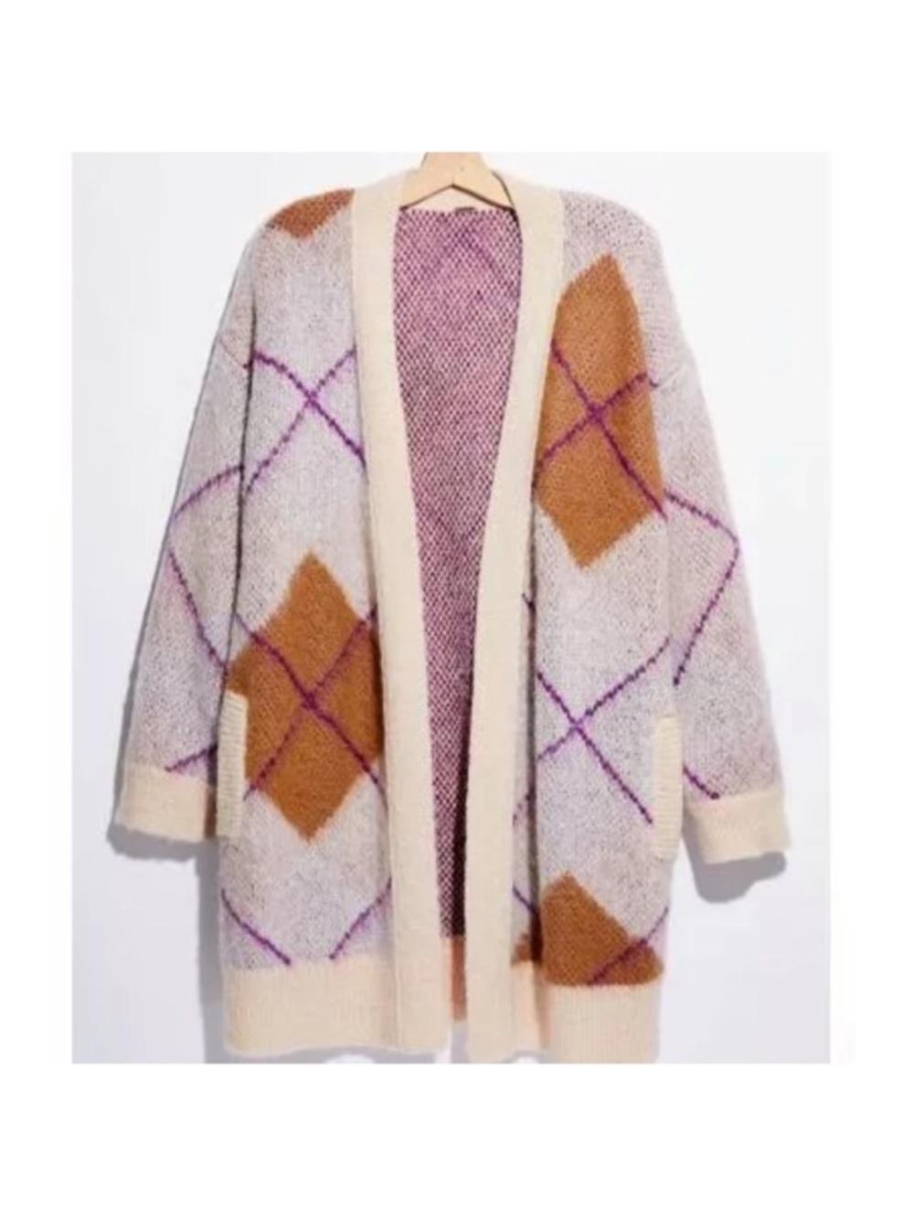 Free People Argyle Avenue Cardigan Sweater Longline Cream Purple Sz L